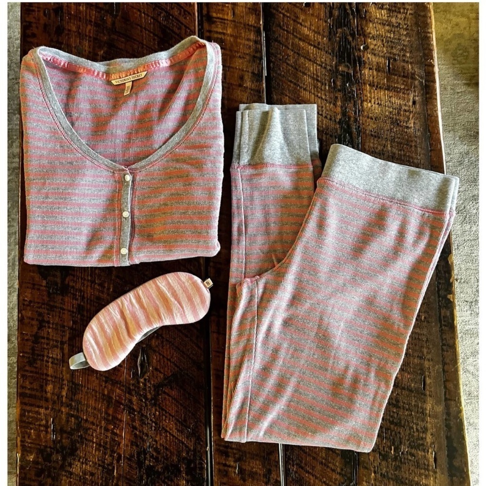 VICTORIAS SECRET Striped Pink and Gray Pajama Set with Eye Mask